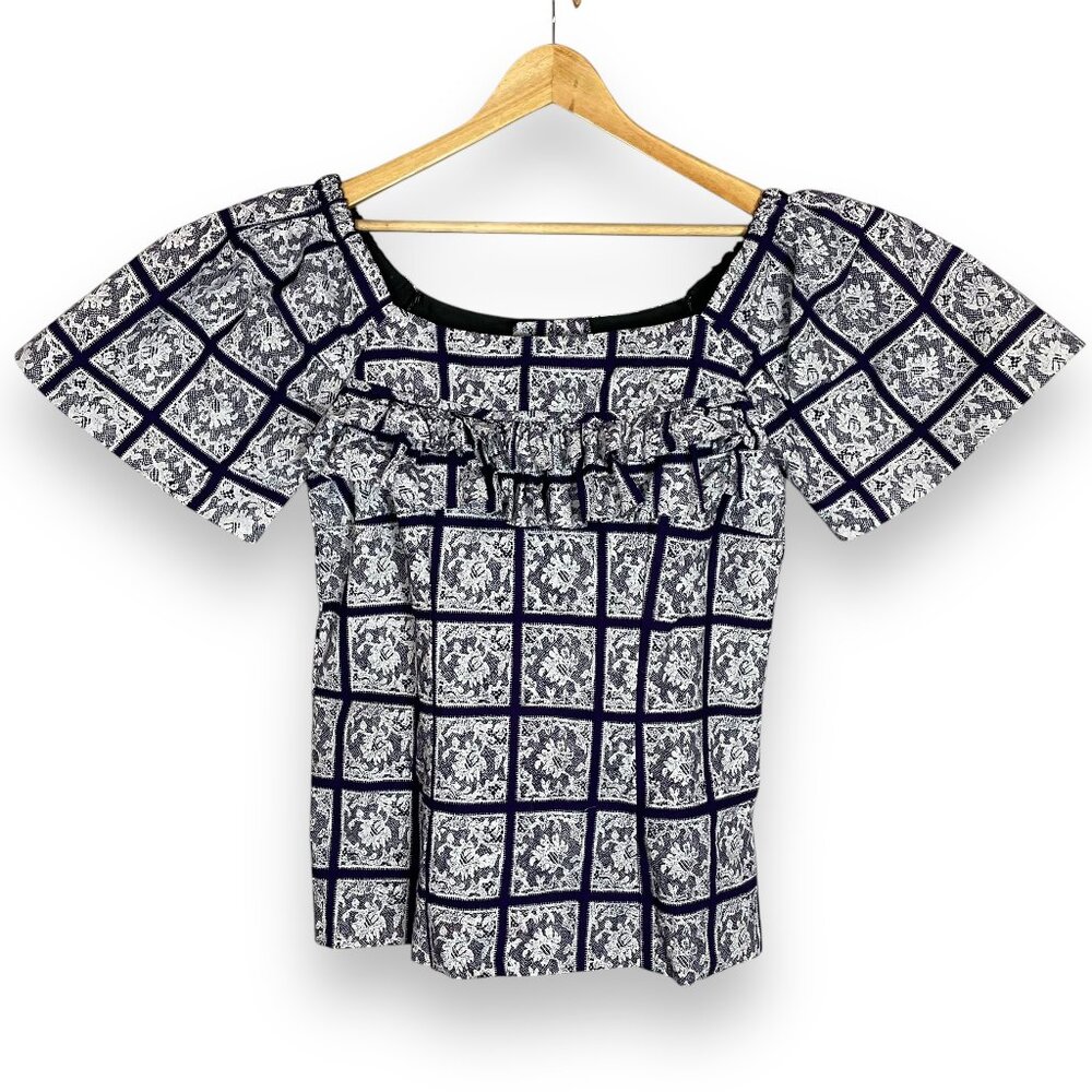 Handmade Blouse Lace Print Ruffled Short Puffed Sleeves Purple White Top Women‎